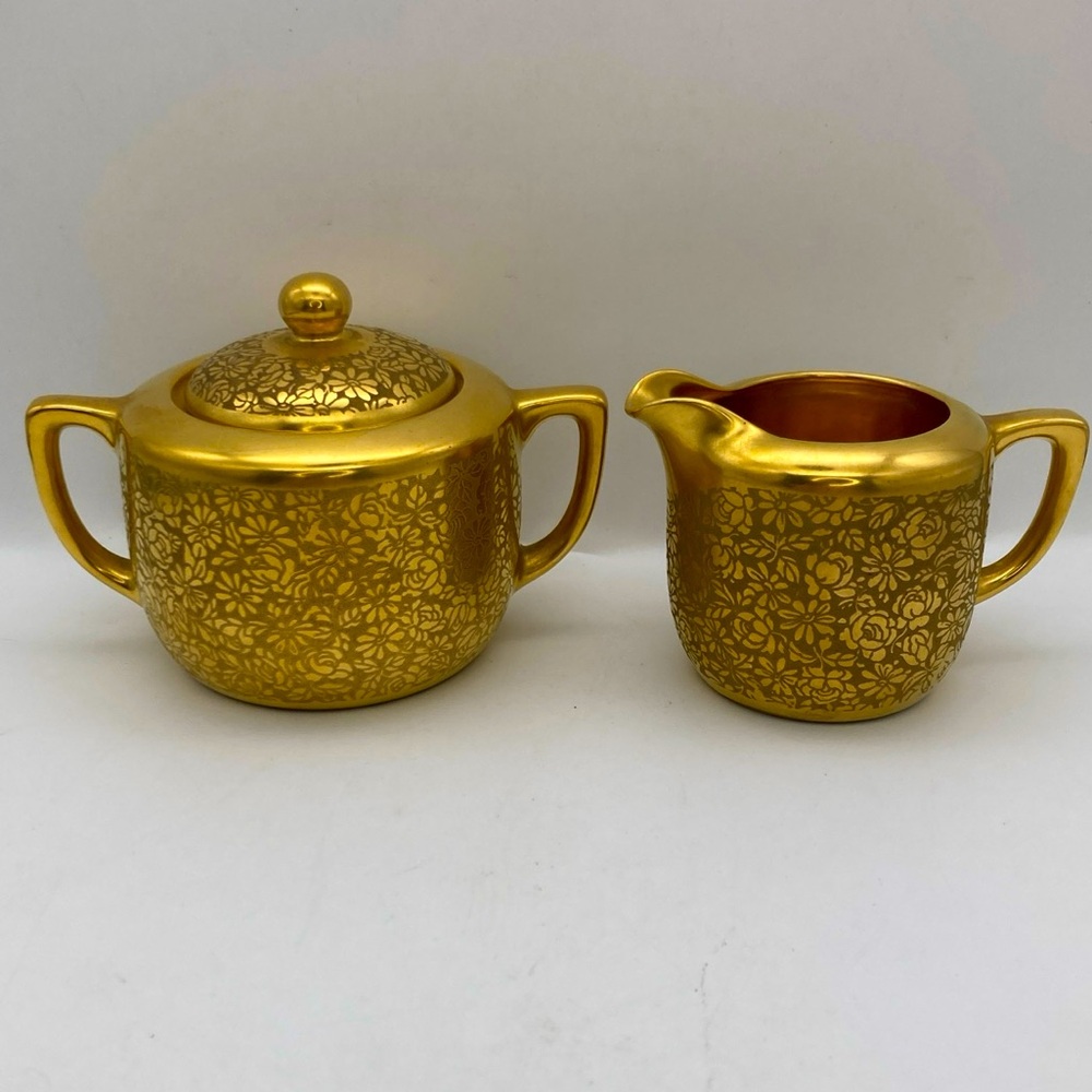 Pickard 24 Kt Gold Miniature Cream And Sugar # 485 Etched Flowers